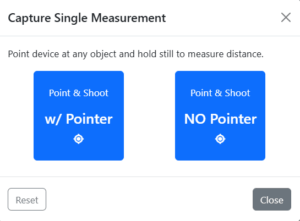 Scrn_sht_point_shoot screenshot showing buttons you choose to do a Point & Shoot measurement with The Trigonon device