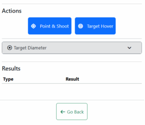 Scrn_sht_practice screen shot showing choice of choosing a "point and shoot" practice measurement, or a "target hover" practice measurement in the Trigonon App