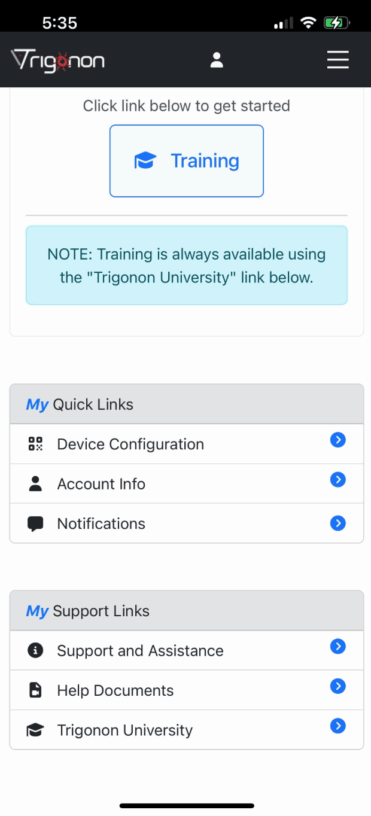screenshot showing the Trigonon training app that has a University tab where you can click and get trained on how to use the device and do practice sessions