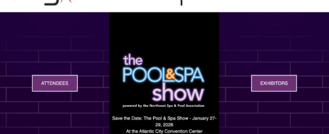 image showing info for the 2026 Pool & Spa Show in Atlantic City and the Trigonon Logo and Device