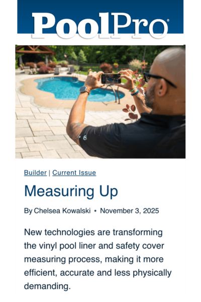 picture of featured article section in Pool Pro Magazine where Trigonon is discussed as a laser device that helps measure pools for liner and cover replacements