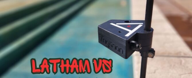 image showing the Trigonon pool measuring device by a swimming pool with "Latham vs Trigonon" in text for article discussing the differences between them