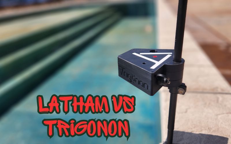 image showing the Trigonon pool measuring device by a swimming pool with "Latham vs Trigonon" in text for article discussing the differences between them